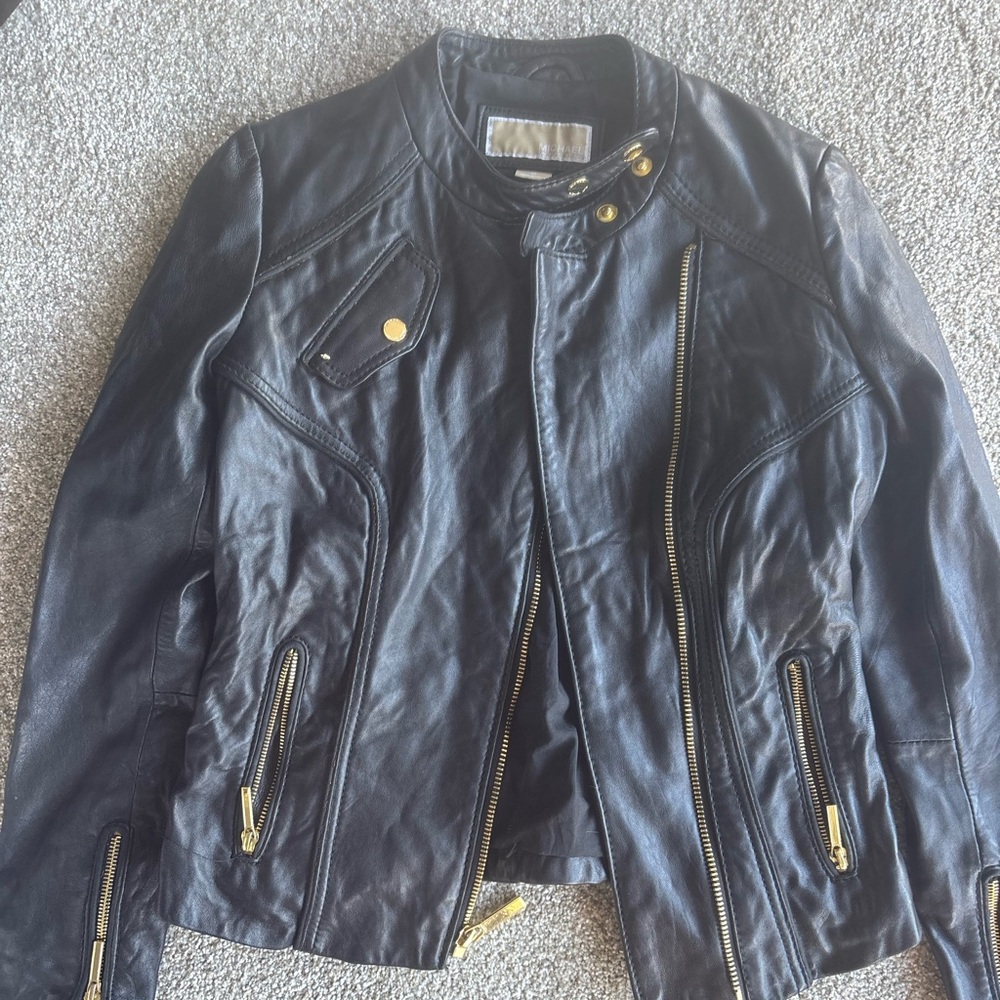 Michael Kors Black Leather Jacket with Gold Label Detail